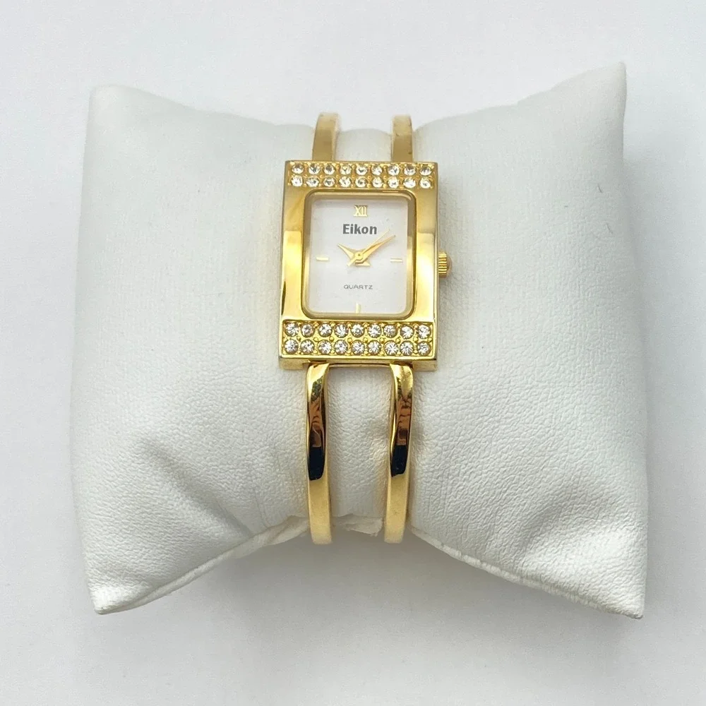 Eikon Women's Tank Watch Gold Tone Cuff Crystals Bling 21mm New Battery SMALL 6